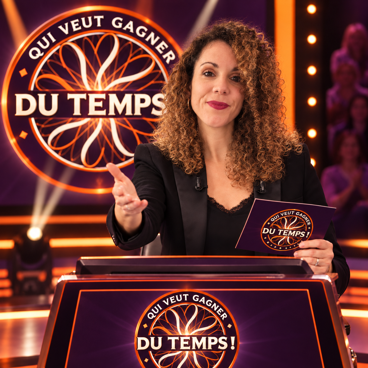 Une animatrice accueille le public sur le plateau de Qui veut gagner du temps